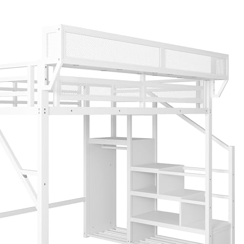 Full Size Loft Bed with Stairs and Storage, Metal Loft Bed Frame with Bedside Shelf and Large Under-Bed Space, Heavy-Duty Bed for Adults Teens and Kids, Black