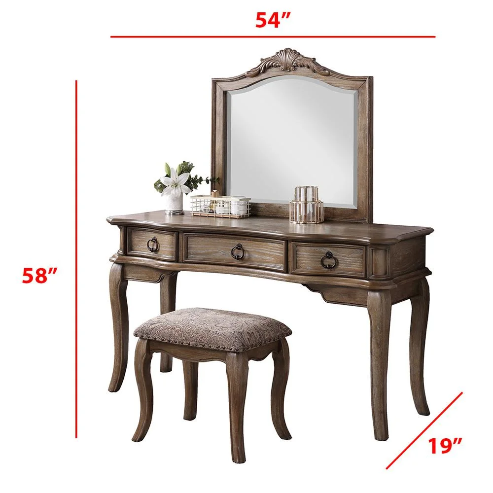 Poundex  Poundex Wooden Makeup Vanity Set Desk, Mirror and Stool - Antique Oak