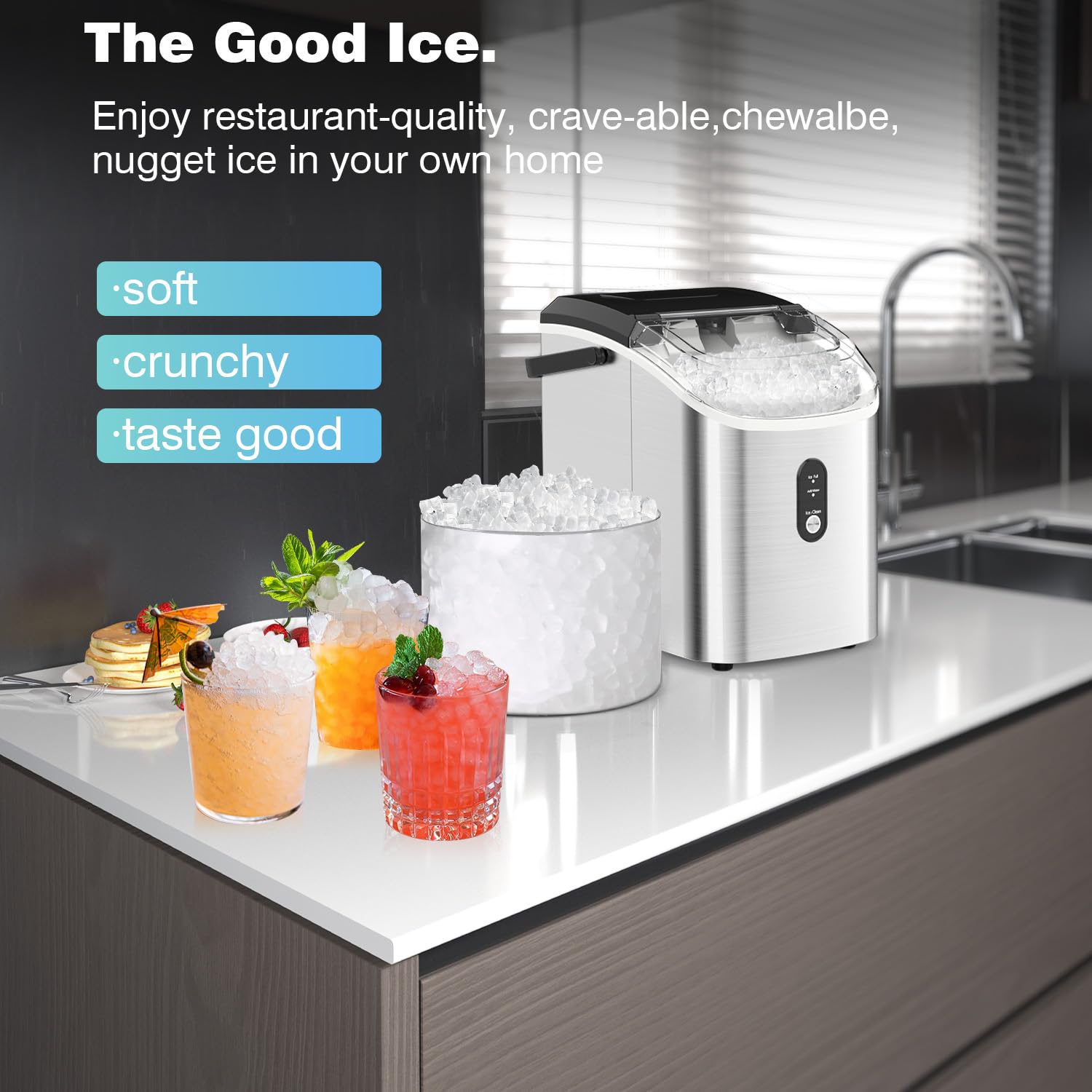 Kndko Nugget Ice Maker Countertop,Crushed Ice Maker with Chewable Ice,Fast Ice Making 35Lbs/Day, Self Cleaning Countertop Ice Maker, Removable Top Cover, One-Click Design,Stainless Steel Ice Machine