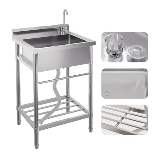 Stainless Steel Free-Standing Utility Sink, Single Bowl Freestanding Laundry Sink with Faucet, Drainboard, Storage, Hot & Cold Water Plumbing for Restaurant, Workshop, Home, 24x20x41 in
