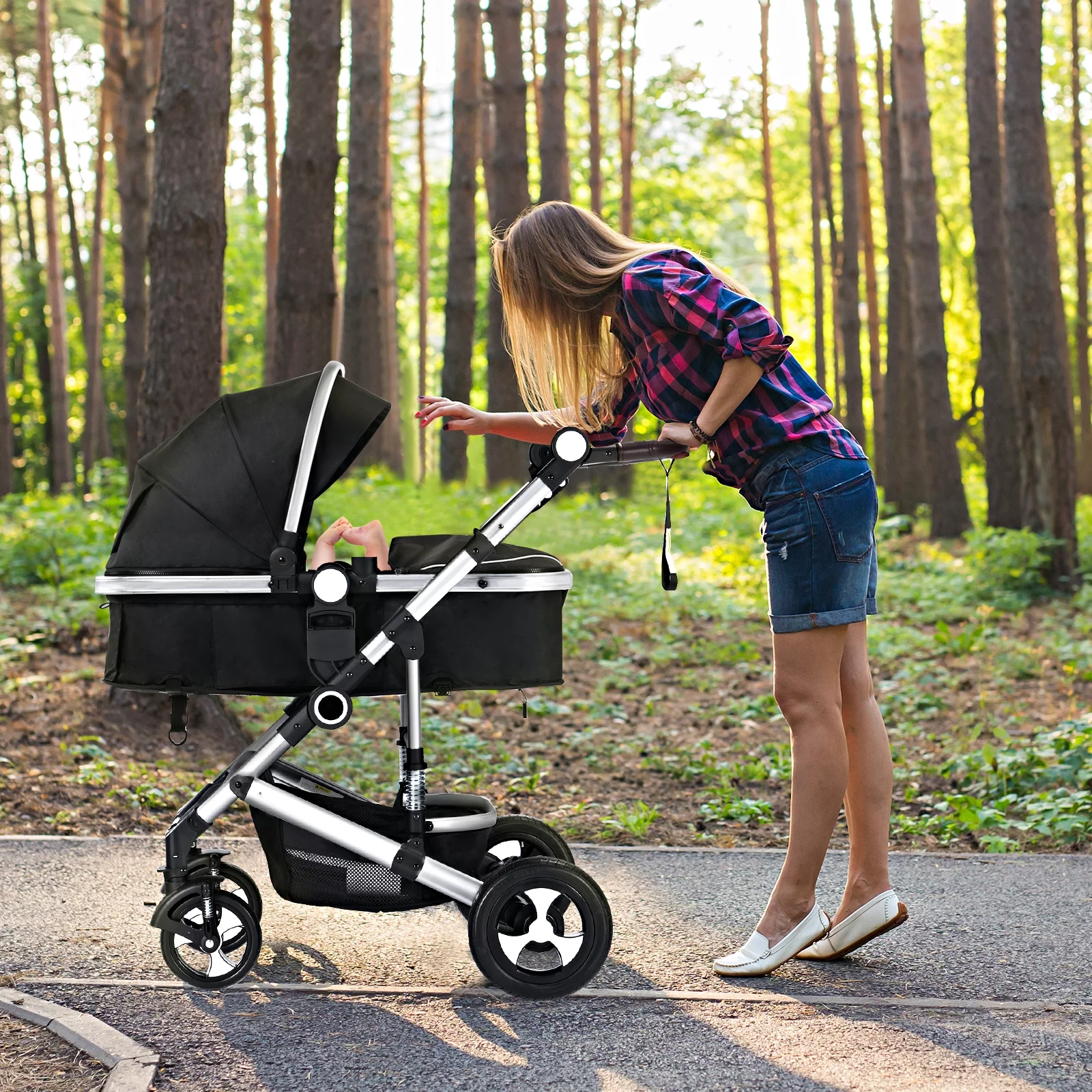 AILEEKISS 3 in 1 Baby Stroller, Convertible Newborn Bassinet Stroller Unisex Infant Carriage, Black