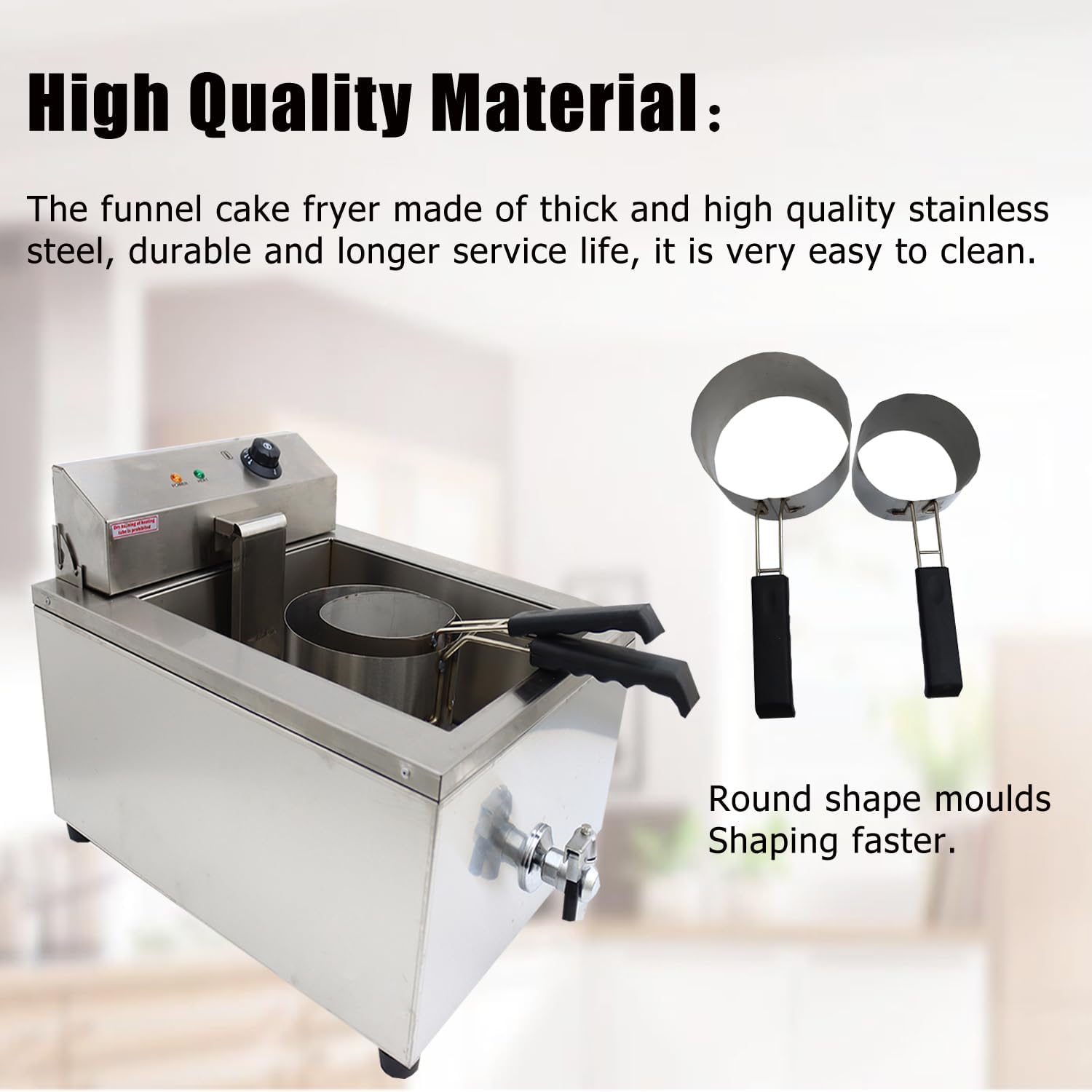 110V Industrial Shallow Funnel Cake Deep Fryer Stainless Steel Single-cylinder with 2 Rings