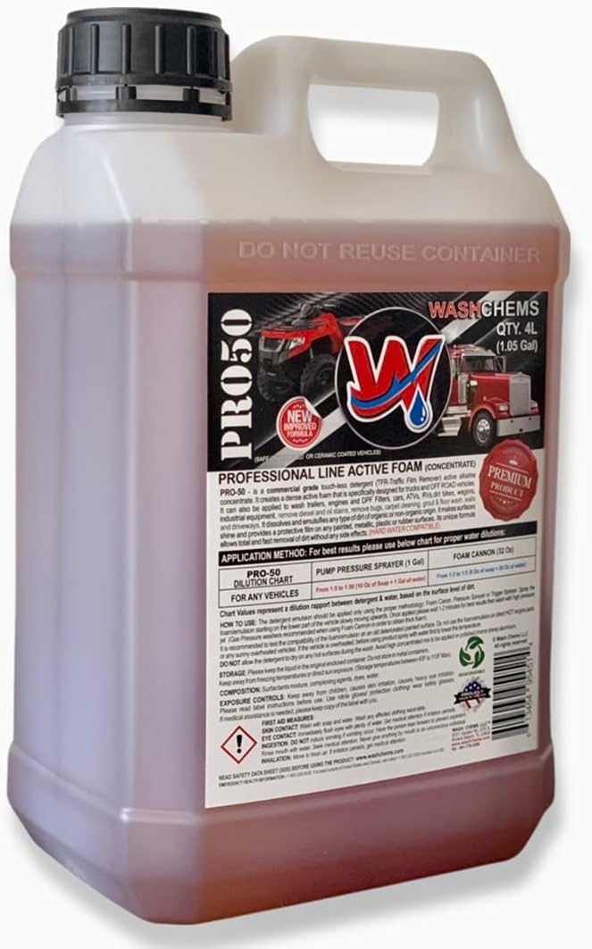 Wash Chems Pro 50 Touchless Car Wash Detergent Soap Concentrate No Brushing, Commercial Grade Professional Auto Foam Cleaner (Biodegradable) Also Great for Trucks & Tractors (1Gal) Pack of 2