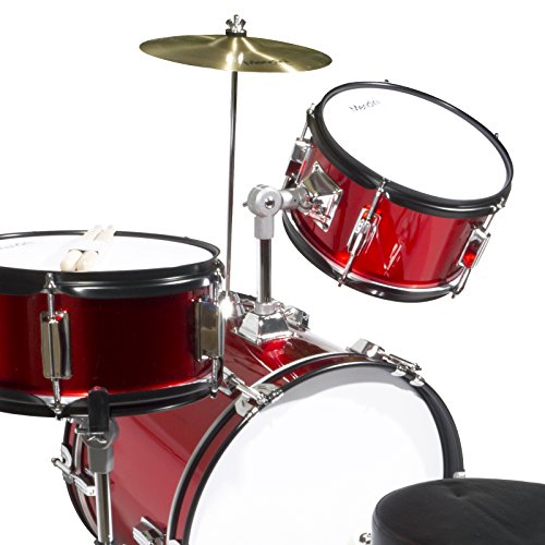 Mendini By Cecilio Kids Drum Set, 3 Piece Junior Drum Set for Beginners with Bass Tom Snare Drum, 16 inch Drum Kit with Snare, Cymbal, Drumsticks, Adjustable Seat (Metallic Red)