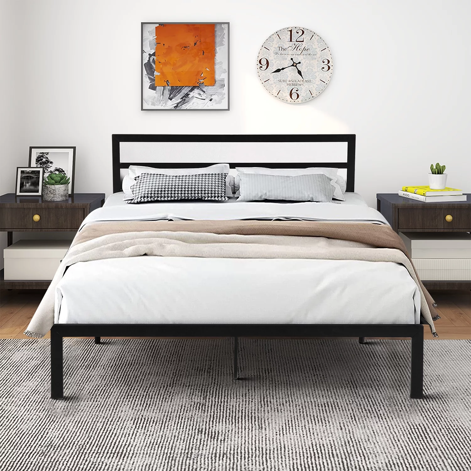Modern and Minimalist Style Queen Size Platform Bed with Metal Frame, Black