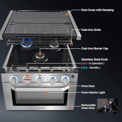 AMZCHEF 21 Inch RV Gas Range Stove 12V. Gas Range Oven for RV Use with 3 Burners, 1.77 Cu.Ft. Capacity Gas Oven, 28,100BTU, Open Flame Configuration, Knob work indicator, Heavy Duty Cast Iron Grates