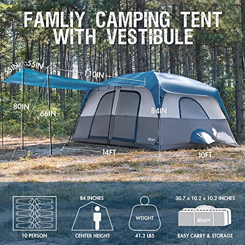 PORTAL 10 Person Camping Tent with Porch, Big Family Cabin Tent with 2 Rooms, 2 Doors, 2 Ground Vents, 6 Large Mesh Windows, Divided Curtain for Camping, Outdoor, Traveling, Water Resistant