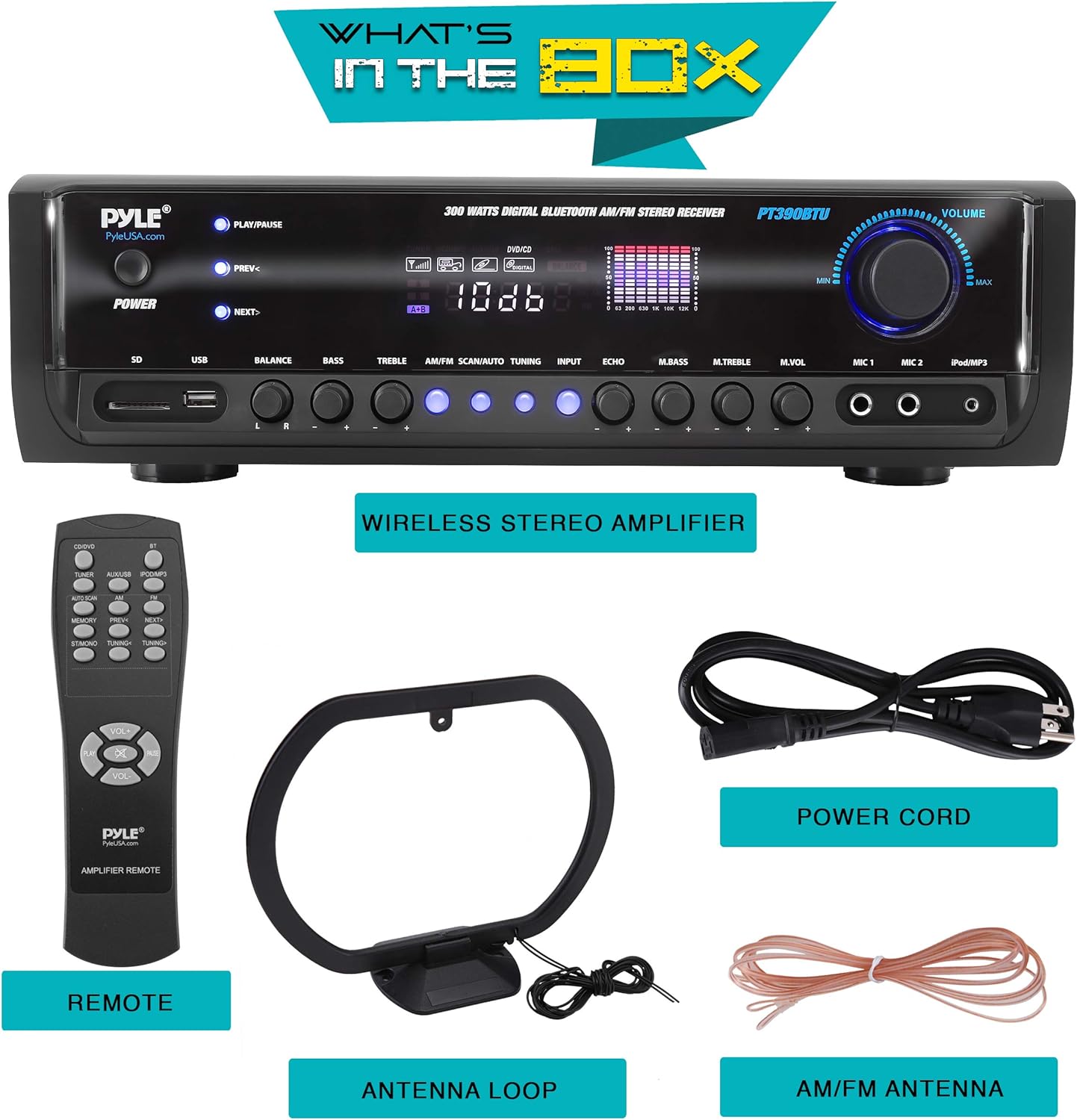 Pyle Wireless Bluetooth Power Amplifier System 300W 4 Channel Home Theater Audio Stereo Sound Receiver Box Entertainment w/ USB, RCA, 3.5mm AUX, LED, Remote for Speaker, PA, Studio- PT390BTU,BLACK