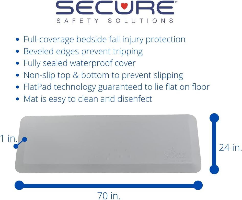 Secure FlatPad Bedside Fall Protection Safety Floor Mat with Beveled Edges - Elderly Seniors Handicap Injury Prevention and Caregiver Anti Fatigue Pad - Waterproof Non Slip Cover (70" x 24" x 1")