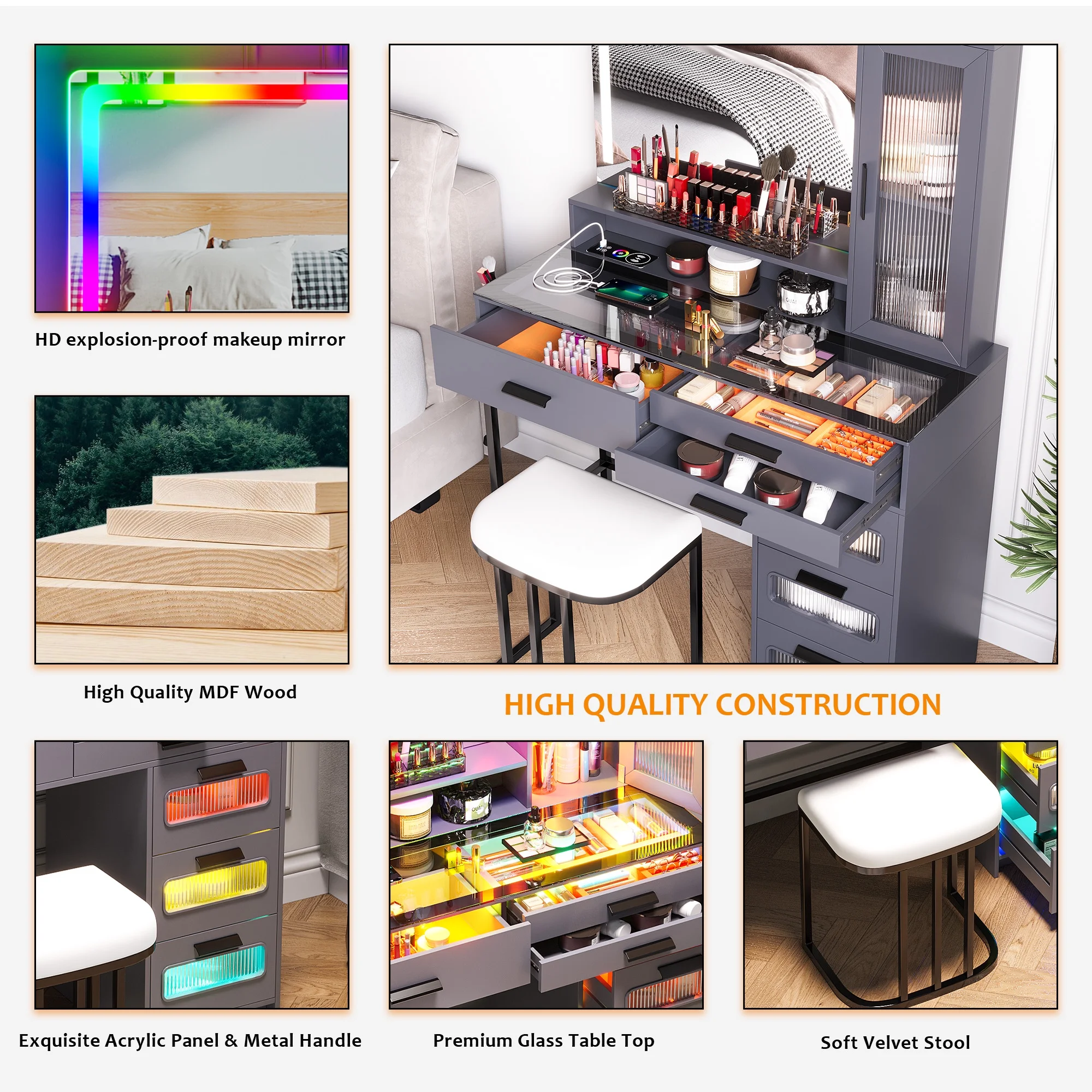 HNEBC Vanity Desk with Mirror and RGB Lights, Glass Top Makeup Vanity with Auto Sensor Lights and Wireless Charging, Vanity Table Set with Cushion Stool, Dressing Table with 6 Drawers (Grey)