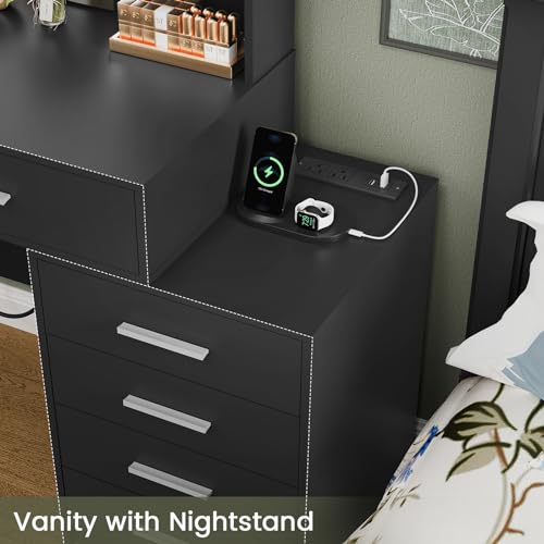 Quimoo Large Vanity Desk with LED Lighted Mirror & Power Outlet,Makeup Vanity Table with 7 Drawers,4 Shelves and 5 Hooks,Vanity Table, Vanity Desk Set for Bedroom,Bathroom,White