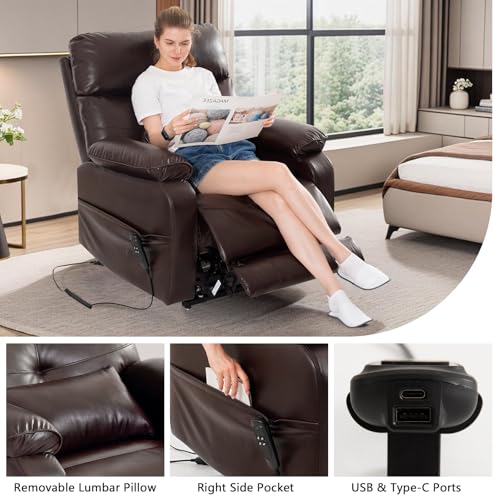 Dual Motor Power Lift Recliner Chair for Adult & Elderly, Infinite Position Lay Flat Lift Chair with Heat & Massage, Cup Holder, Lumbar Pillow, Wireless Charger, USB Ports, Leather (Beige)