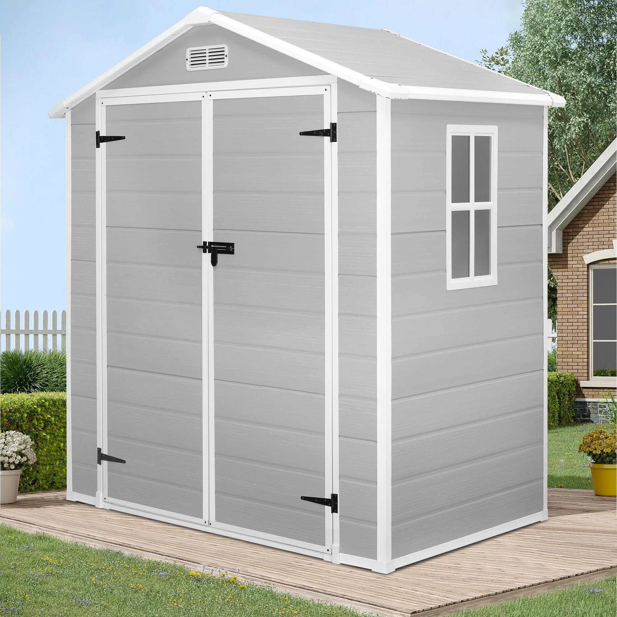 6' x 4.4' Plastic Outdoor Shed, All-Weather Resin Large Backyard Storage Sheds with Reinforced Floor, Lockable Door Garage Patio Garden Storage Shed