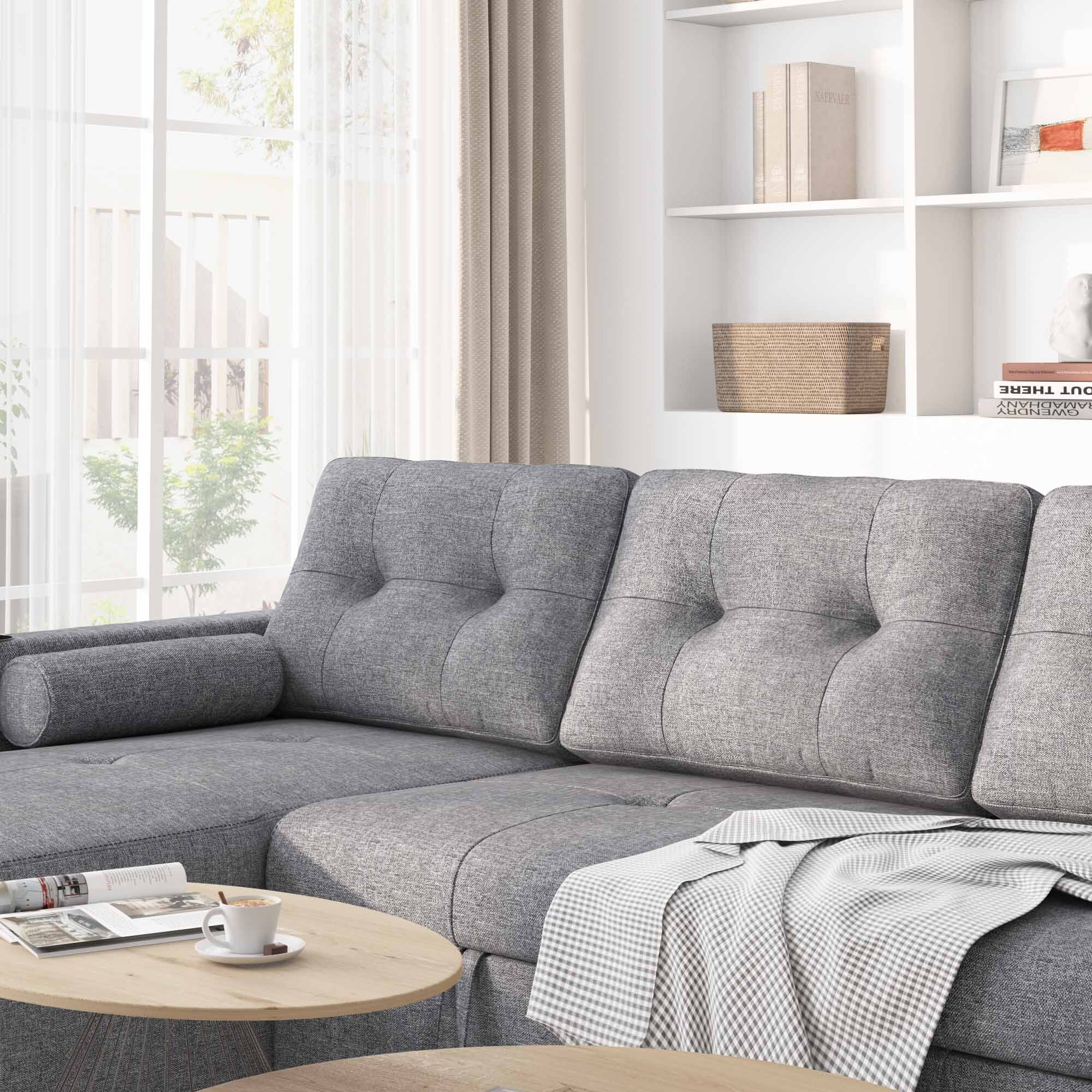 Soges Pull Out Sofa Bed L Shape Sofa with Storage Chaise, 3 Seater Sofa Bed with Cup Holders, Linen Fabric Couch for Living Room, 2 Pillows, Gray