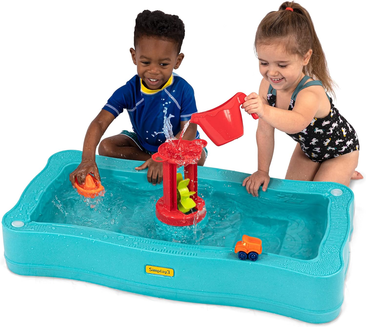 Simplay3 Carry & Go Ocean Drive 2-Sided Water Play Table for Kids with 4 Accessories - Indoor/Outdoor Toy Includes Waterwheel, Boat, Bucket, and Truck