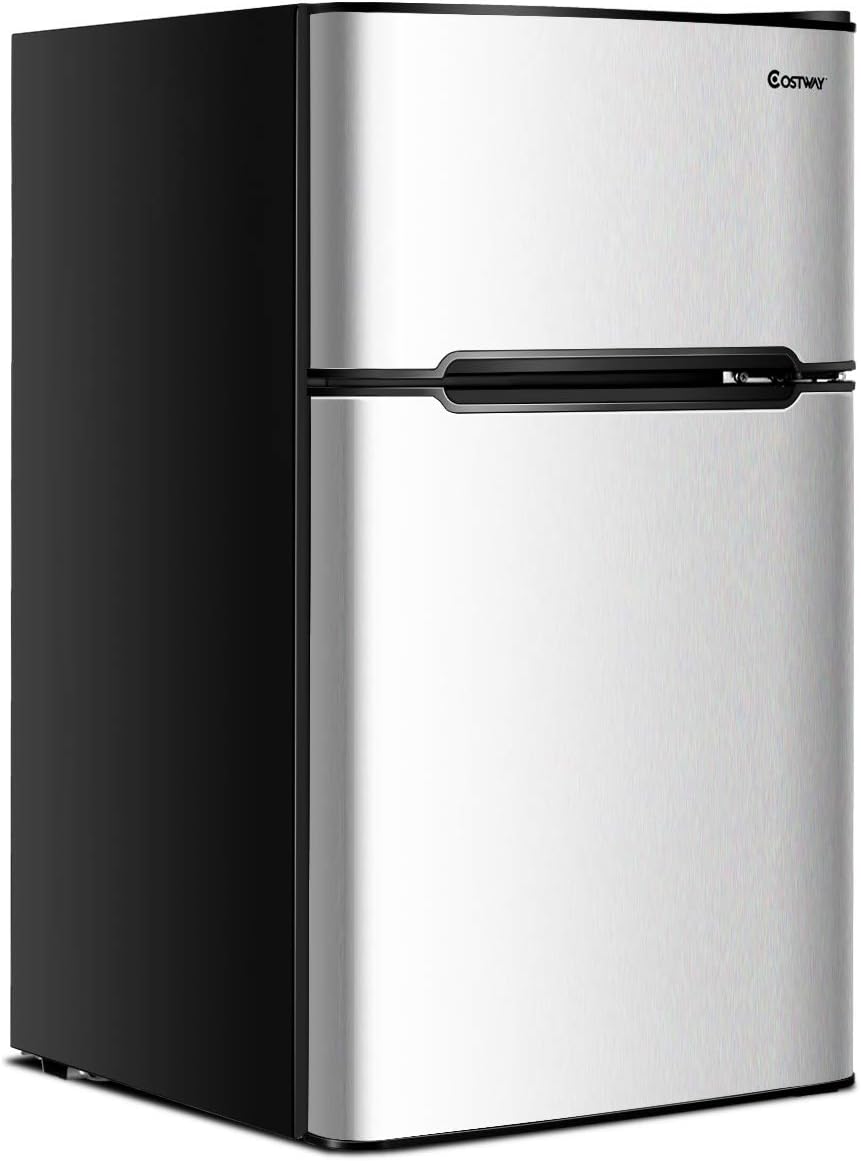 COSTWAY Compact Refrigerator, 3.2 cu ft. Unit 2-Door Freezer Cooler Fridge with Reversible Door, Removable Glass Shelves, Mechanical Control, Recessed Handle for Dorm, Office, Apartment (White)