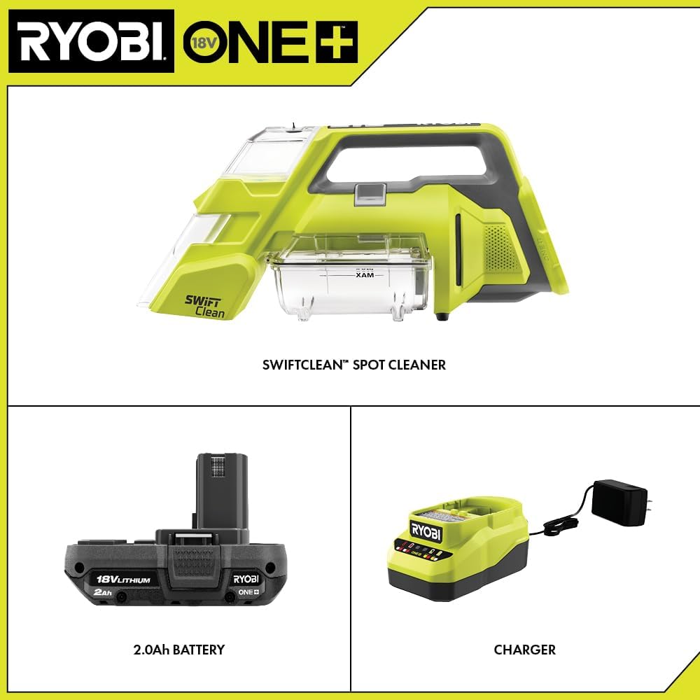 RYOBI ONE+ 18V Cordless SWIFTClean Spot Cleaner Kit with 2.0 Ah Battery and Charger, 7X10