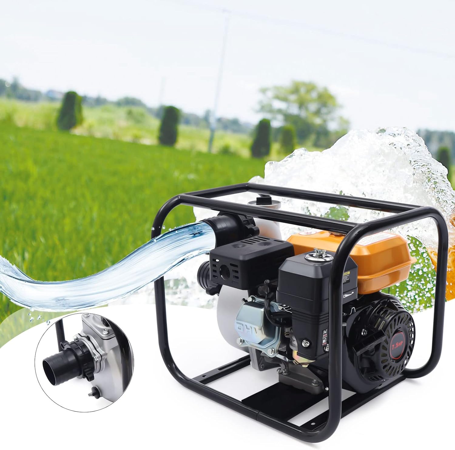 DNYSYSJ Gasoline Water Pump, 7.5 HP 210CC 3" Portable Gas-Powered Semi-Trash Water Transfer Pump Commercial Grade Engine for Irrigation Pool, Landscaping or Gardening Irrigation (Yellow)