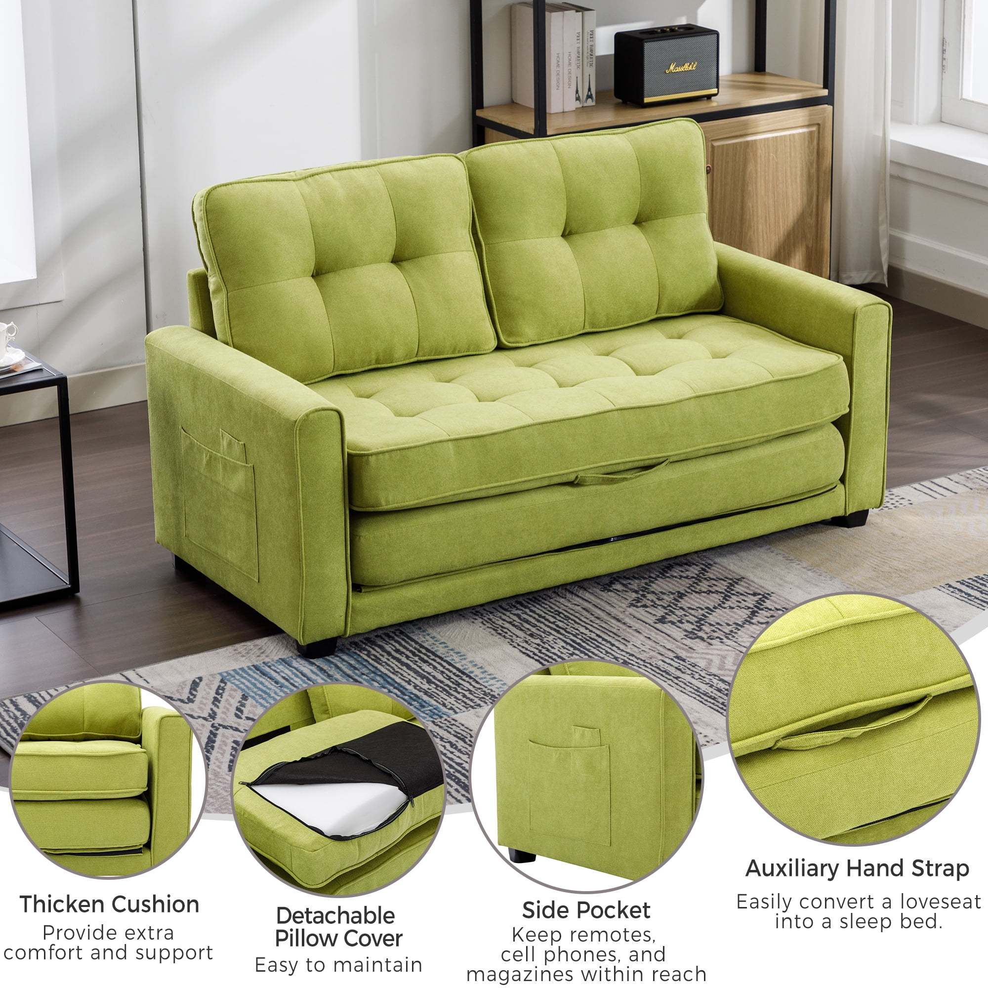 Churanty Convertible Sofa Bed Pull Out Sleeper Loveseat Sofa Chenille Upholstered Couch with Side Pockets for Small Space,Green - Curated Treasures Market