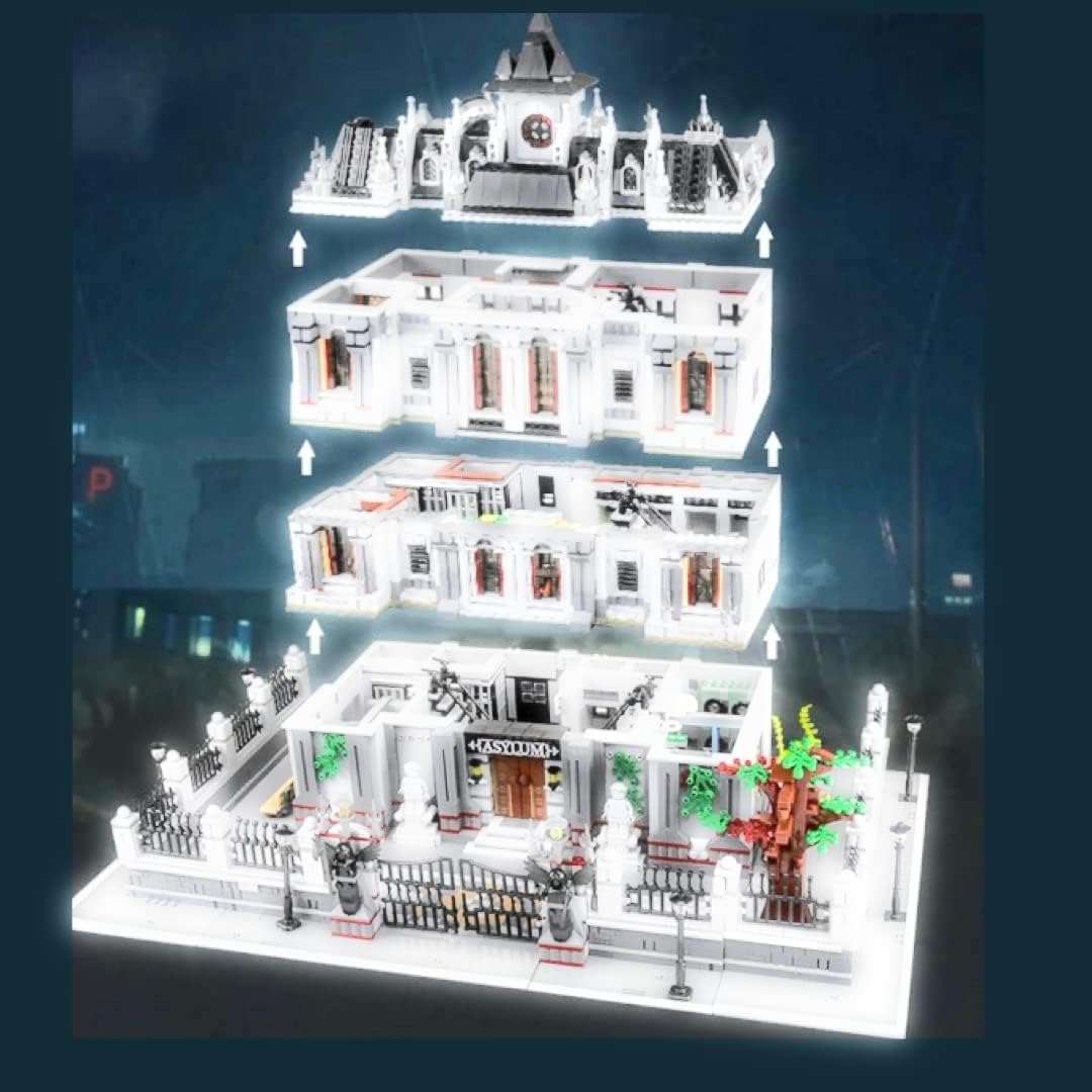 7537 Piece Three Level Madhouse Modular Building Blocks Bricks Set an Impressively Detailed Insane Asylum Hospital Toy Bricks with an Eye-Catching LED Lighting.