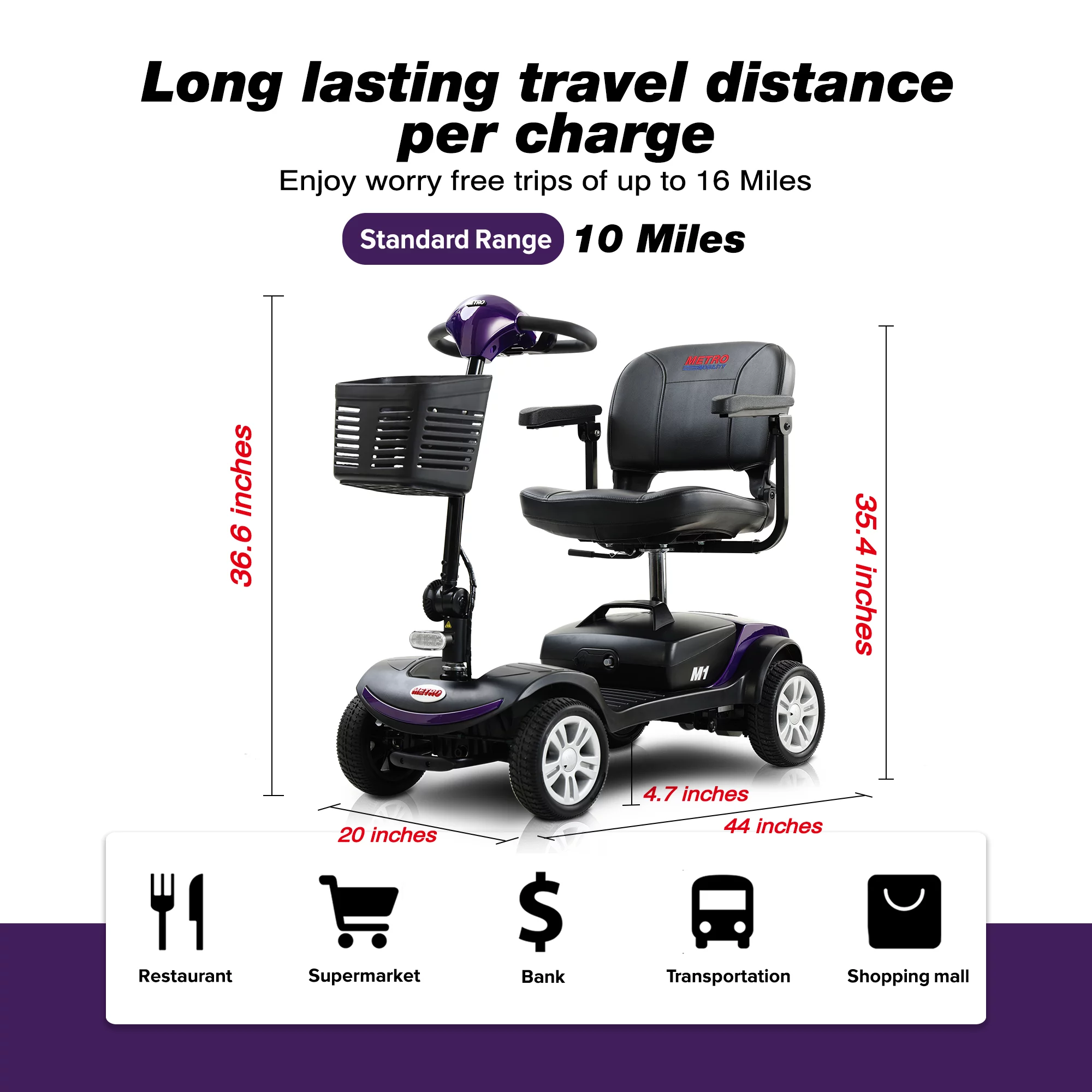 Travel Mobility Scooter, Heavy Duty Electric Scooters with 4 Anti-Tip Wheels, Compact Lightweight Mobility Scooters for Senior Adults Elderly, Foldable Mobility Scooter, Holds 300lbs, Purple