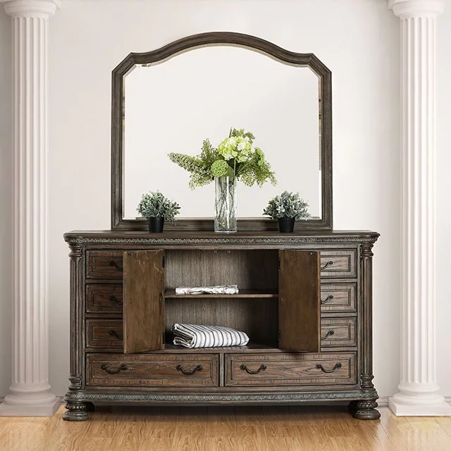 Luxury Stylish Traditional Intricate Wood Carving Rustric Natural Tone Finish Queen Size Sleigh Bed Dresser Mirror Nightstand 4pc Set Tufted Fabric HB FB