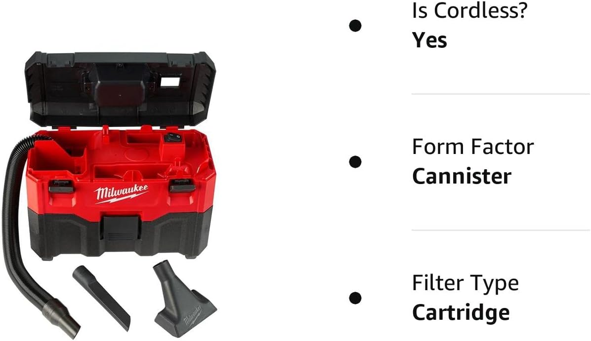 Milwaukee M18 2 Gal. 18-Volt Lithium-ion Cordless Wet/Dry Vacuum (Tool-Only), 2.8 Amp Motor, Lightweight, Tool-Box Style for Effortless Transport and Storage