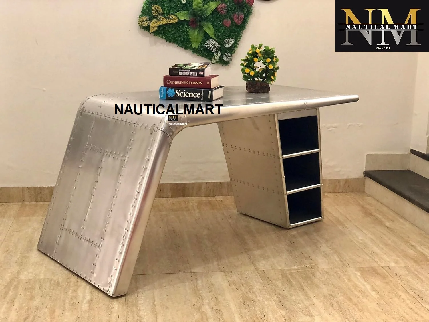 NauticalMart Aviator Wing Desk Aluminium Table Home Office Aviator Furniture Decor (with Shelves, 70 Inches)