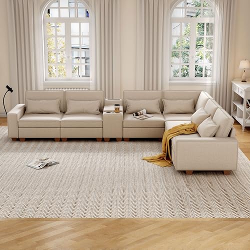 Modular Sectional Sofa, Convertible U Shaped Sofa Couch with Central Console & USB Ports, 7 Seat Modular Sectionals Couch with Chaise and Storage for Living Room, Light Grey