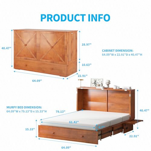Mjkone Queen Size Murphy Bed with Tri-Folding Mattress, Charging Station, Modern Cabinet Bed with Drawers, Multifunctional Design Wall Murphy Beds for Living Room, Apartment (Cherry Pattern H)