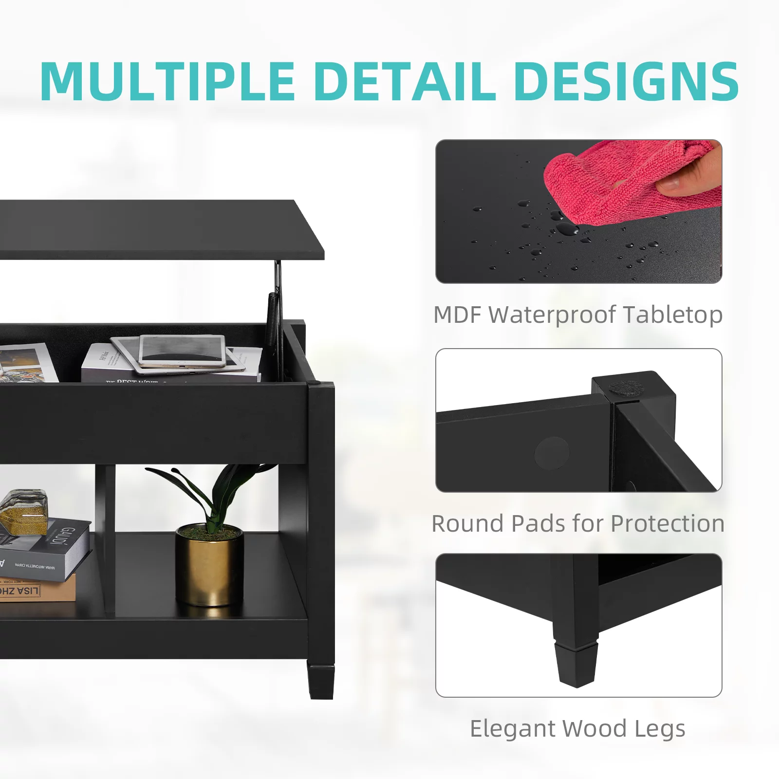 Lift Top Coffee Table, 41" X 19.5" Rising Dining Table w/4” Depth Hidden Storage Compartment & 3 Open Shelves, Coffee Table Lift Top for Reception & Living Room, Office, Small Apartment