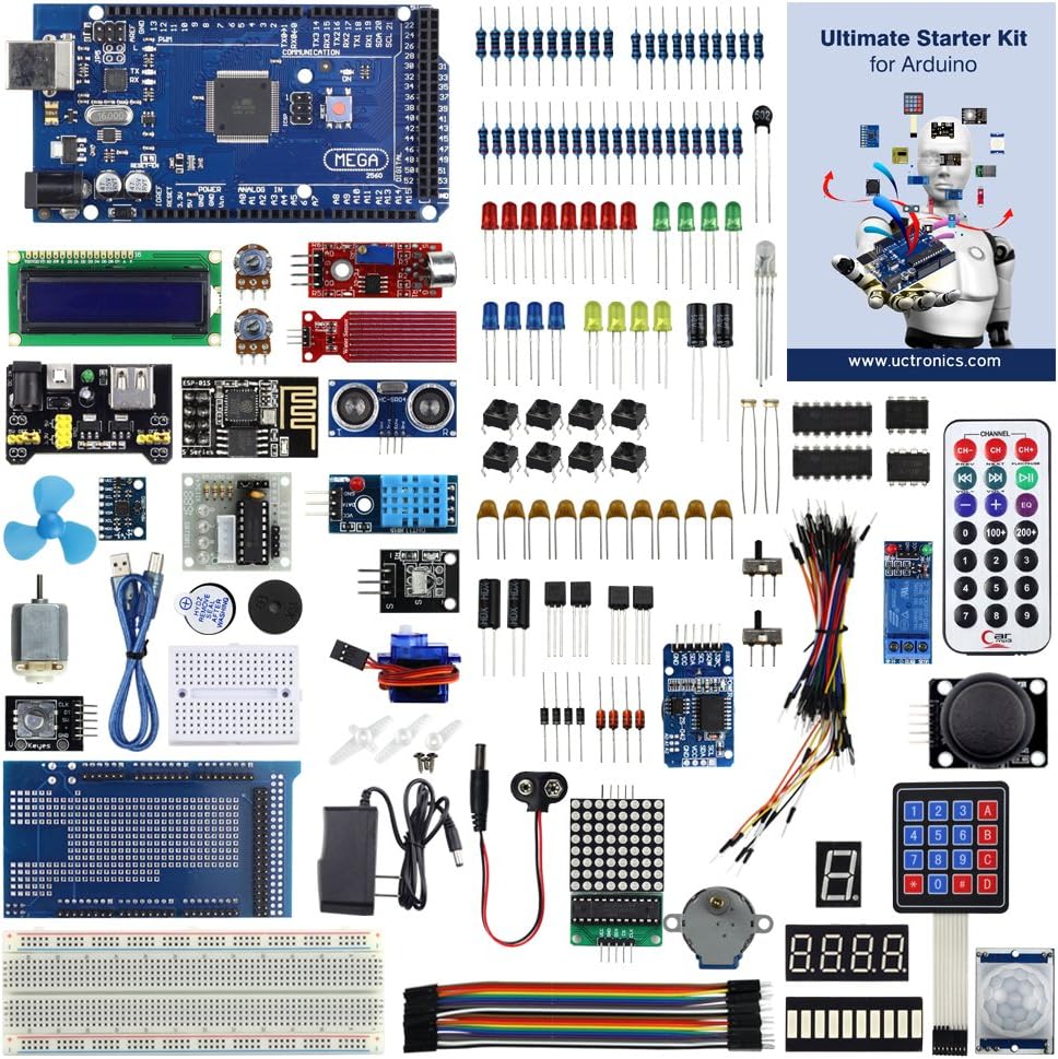 UCTRONICS Ultimate Starter Kit for Arduino with Instruction Booklet, MEGA 2560 R3, ESP8266 Module, 1602 LCD, NE555 Timer, RTC Module, DHT11 Temp & Humi Sensor, Water Lever Sensor, Sound Sensor Module Pack of 2