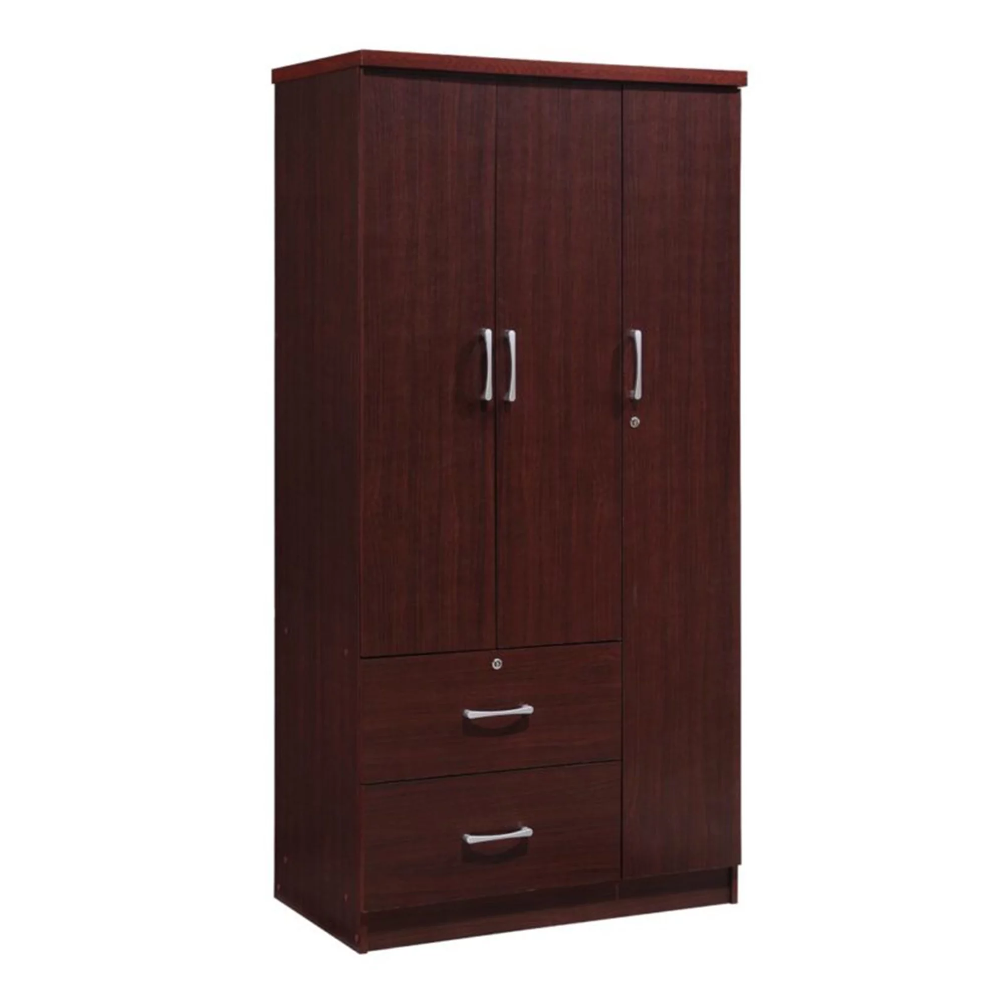 Hodedah Import 3 Door Armoire with Rod, Shelves, and 2 Drawers, Mahogany - Curated Treasures Market