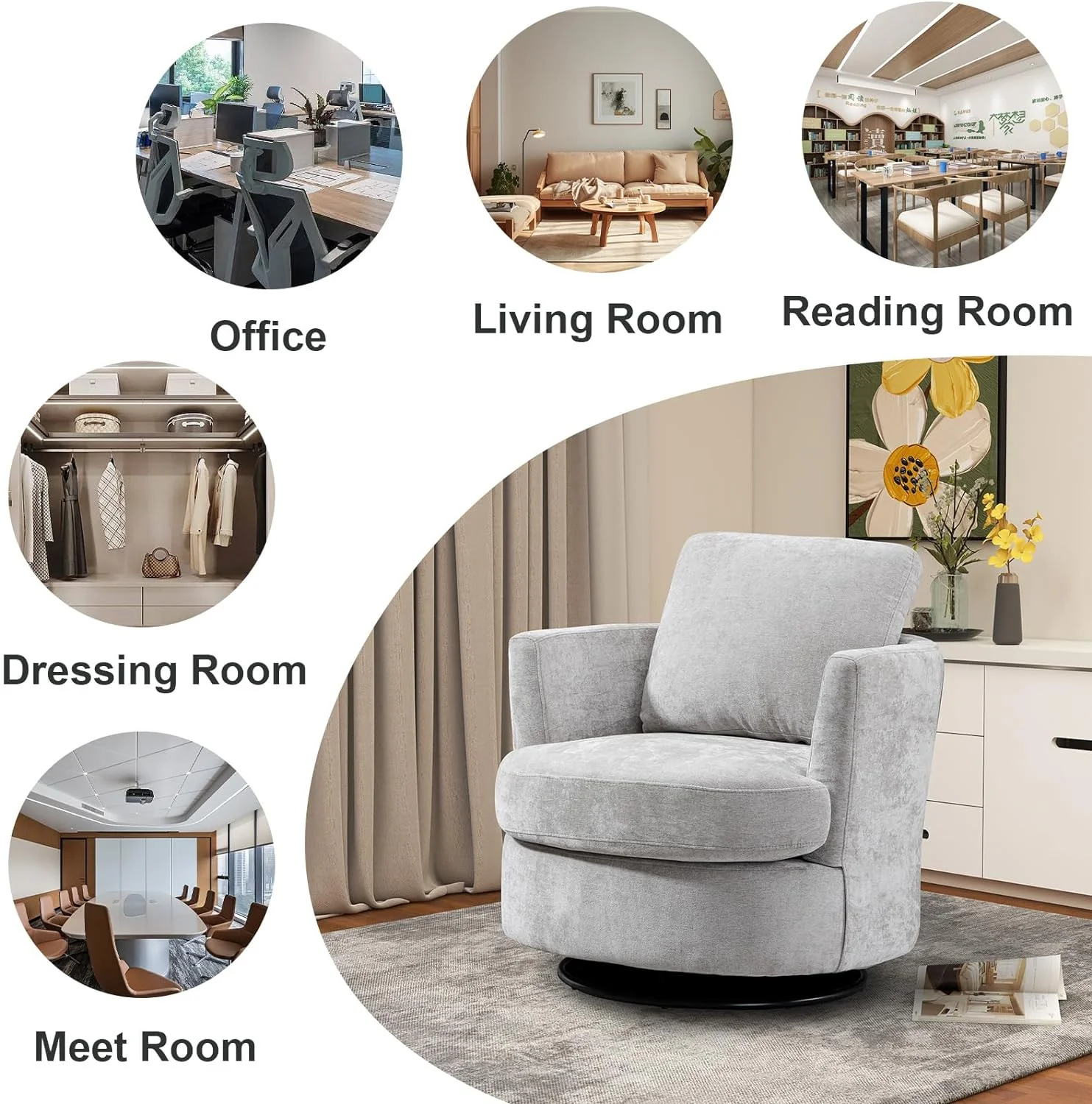 Swivel Barrel Chair Set of 2,31.9" W Modern Round Accent Arm Chairs Upholstered Comfy 360 Degree Swivel Single Circle Club Sofa Chair for Nursery Living Room Bedroom, Light Gray - Curated Treasures Market