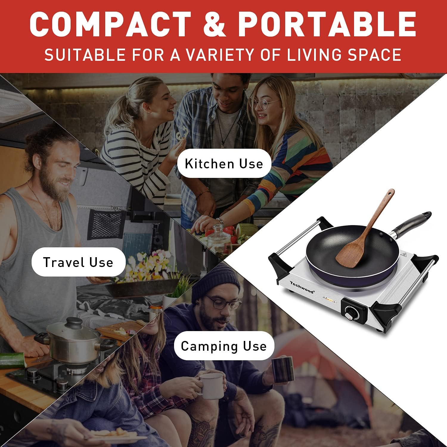 Hot Plate, Techwood Portable Electric Stove for cooking, 1200W Countertop Infrared Single Burner with Handles & 7.5&rdquo; Glass Cooktop for RV/Home/Camp, Compatible for All Cookwares Upgraded Version
