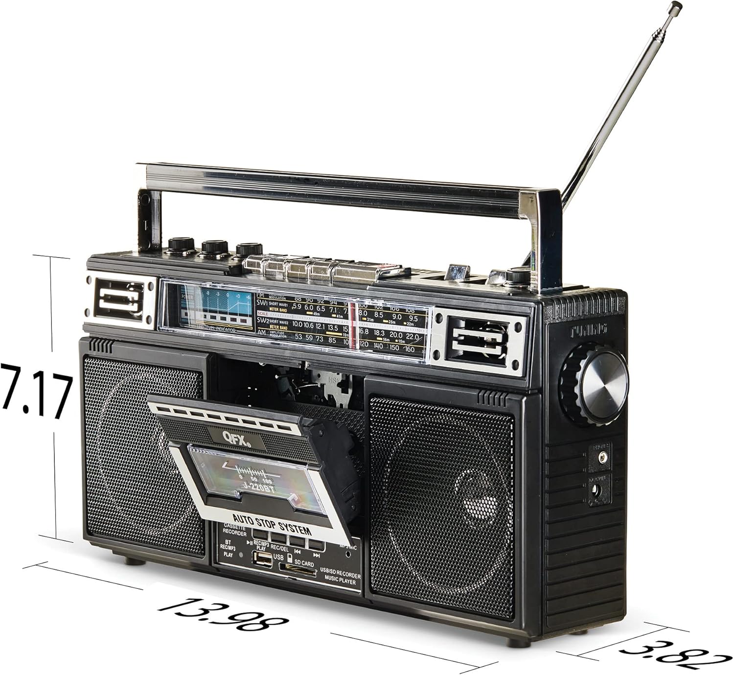QFX J-220BT ReRun X Cassette Player/Recorder Boombox 4-Band (AM, FM, SW1, SW2) Bluetooth Portable Recording Boombox with Dual 3” Speakers, Built-in Microphone, 3-Band Equalizer Pack of 2