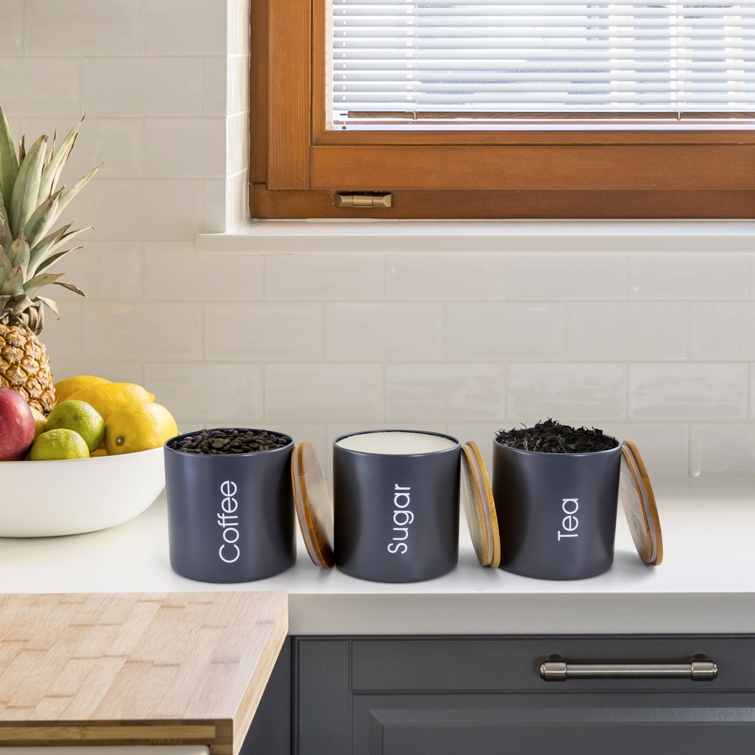 MegaChef Bamboo Kitchen Countertop 4 Piece Metal Bread Basket and Canister Set in Gray with Lids