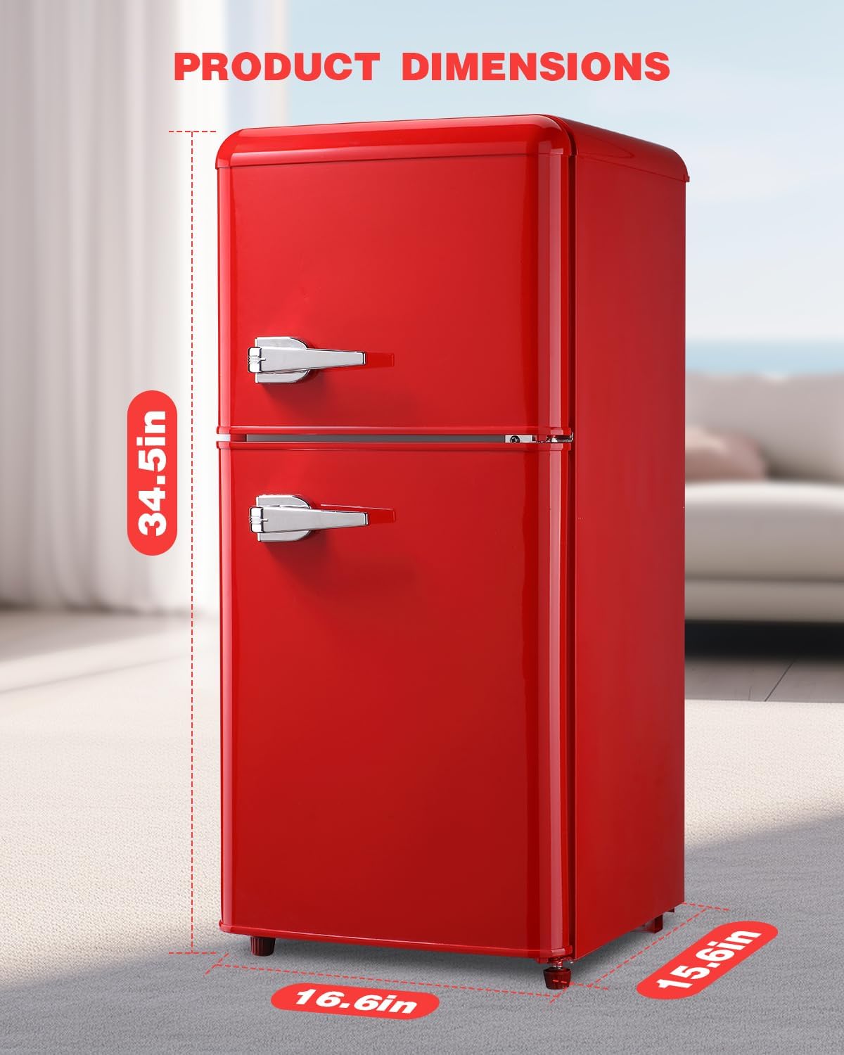 3.5 Cu.Ft Compact Refrigerator, Retro Fridge with Dual Door, Small Refrigerator with freezer,7 Level Adjustable Thermostat for Garage, Dorm,Bedroom, Office, Apartment-Red