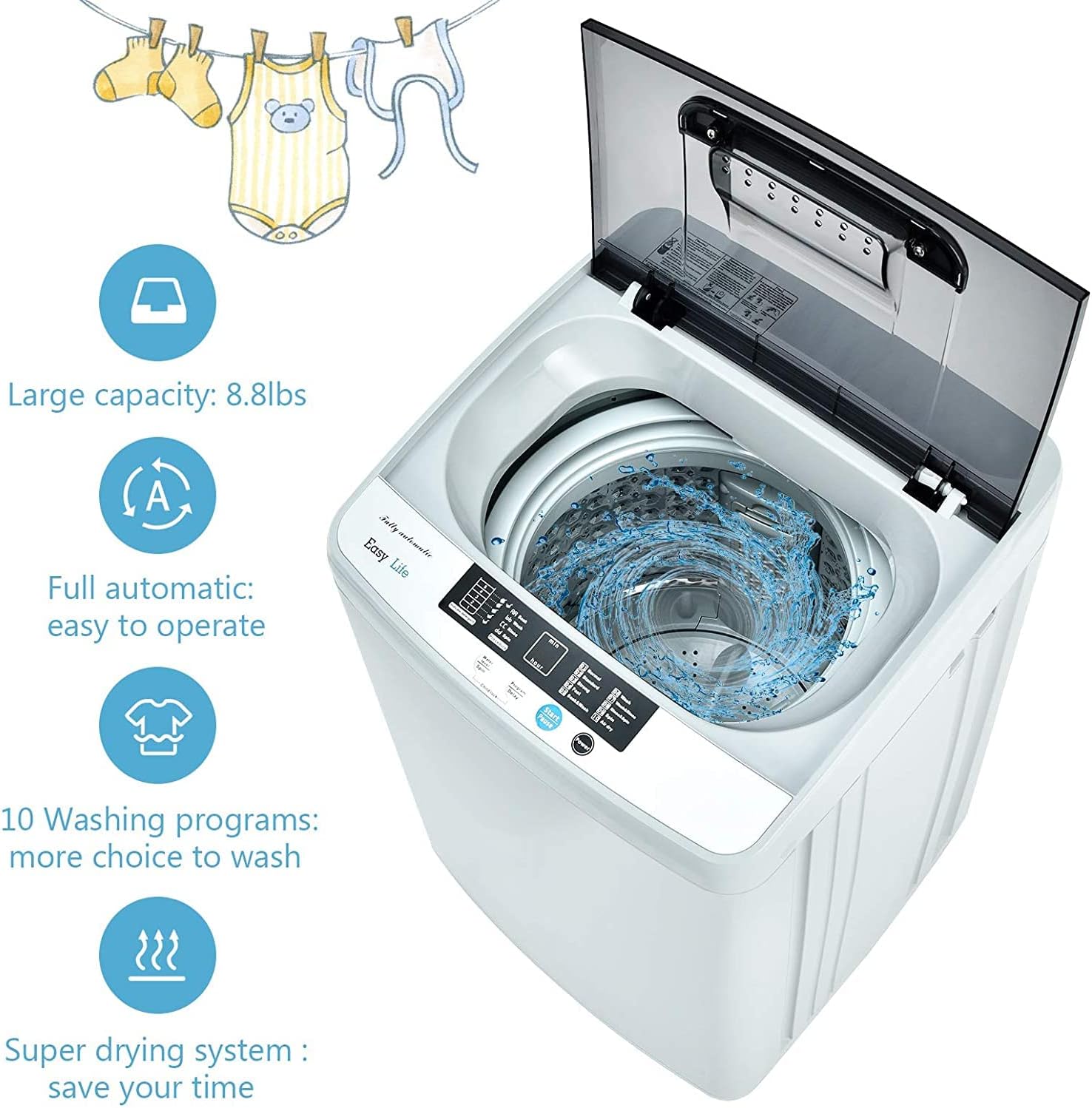 FUTADA Full Automatic Washing Machine, 2 in 1 Portable Laundry Washer, 8.8 Lbs Washer & Dryer Combo w/Built-in Barrel Light, LED Display, Energy Saving Top Load Washer for Camping, Apartment, Dorm