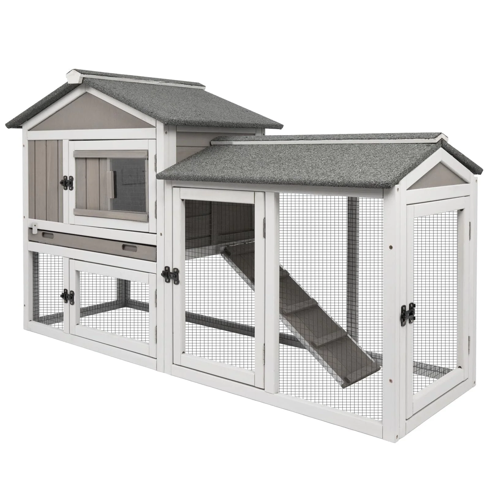 PETSCOSSET Rabbit Hutch Indoor Outdoor 66.9" L Bunny Hutch with Pull Out Tray,2 Story Wooden Rabbit Cage with Asphalt Roof,Guinea Pig Cage with Ventilation Doors,Ramp for Small Animals,Gray - Curated Treasures Market