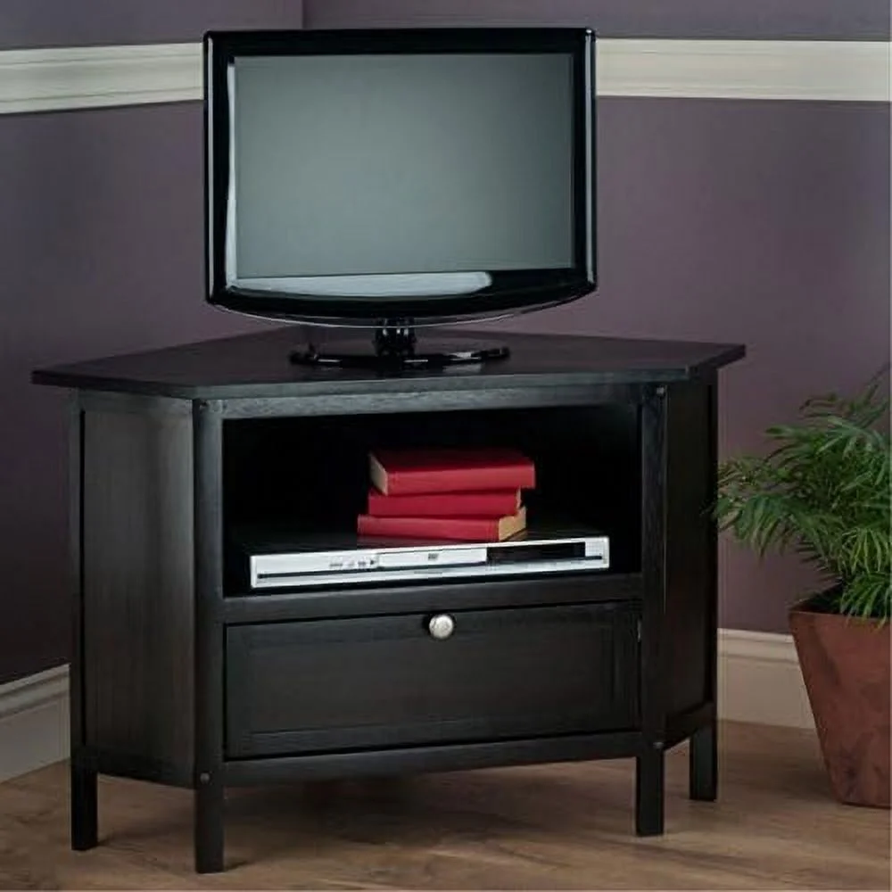 Wood Zena Corner TV Media Stand - Espresso, 27" TV Capacity, Open Shelf & Pull-Down Door, Wire-Access Grommet, Easy Assembly, 34.65" W X 23.94" D X 22.28" H