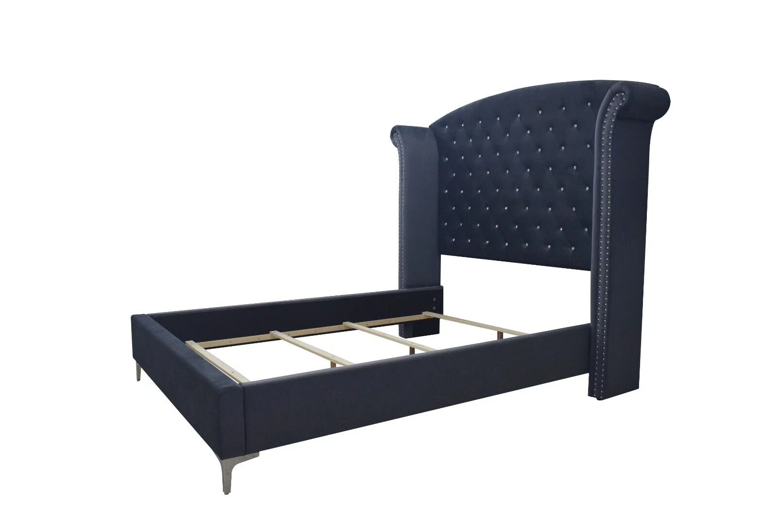 Modern Glamourous Style 3pc King Size Bed Chest Nightstand Bedroom Set Dark Gray Velvet Upholstery Furniture