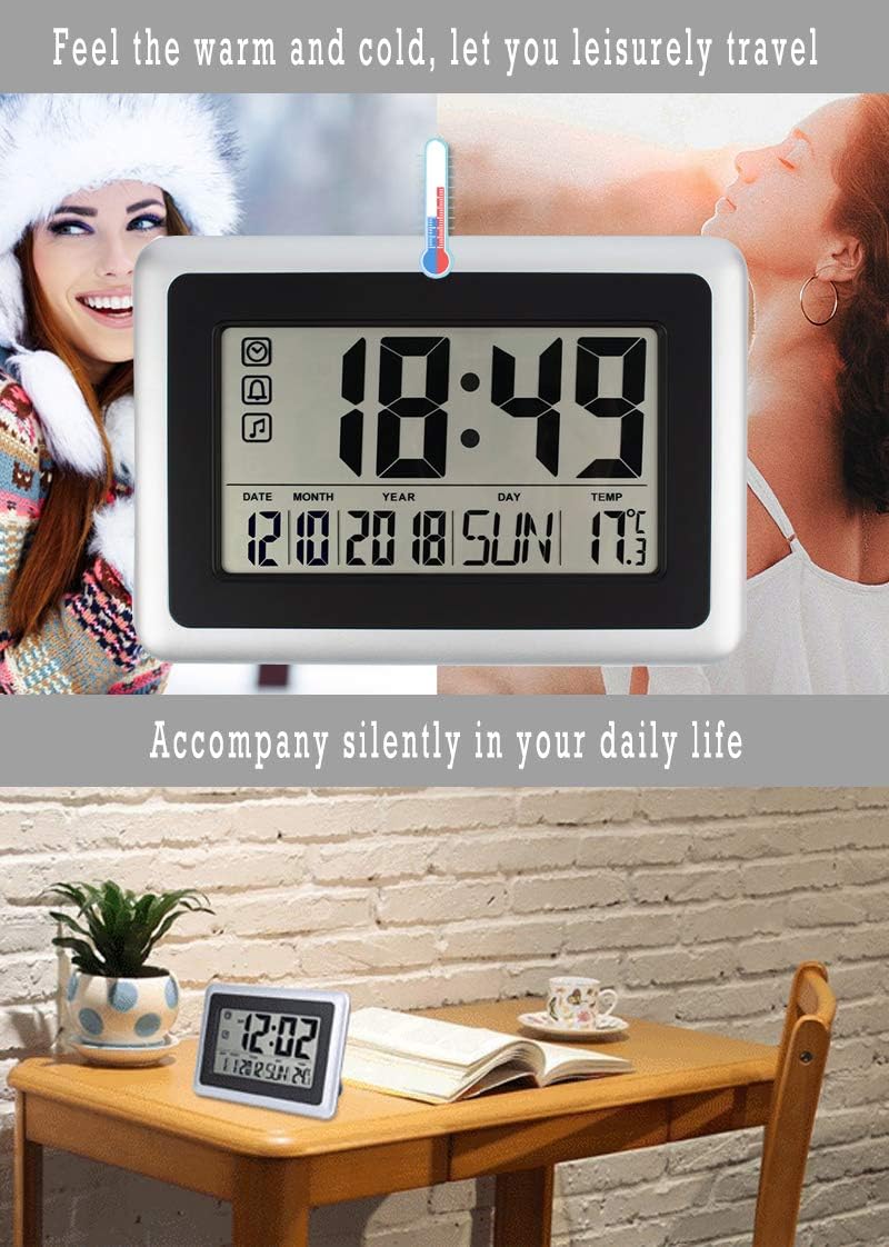 Atomic Wall Desk Clock Large Display with Indoor Outdoor Temperature Date Calendar, Digital Alarm Clock Battery Operated Without Backlight for Kitchen Bedroom