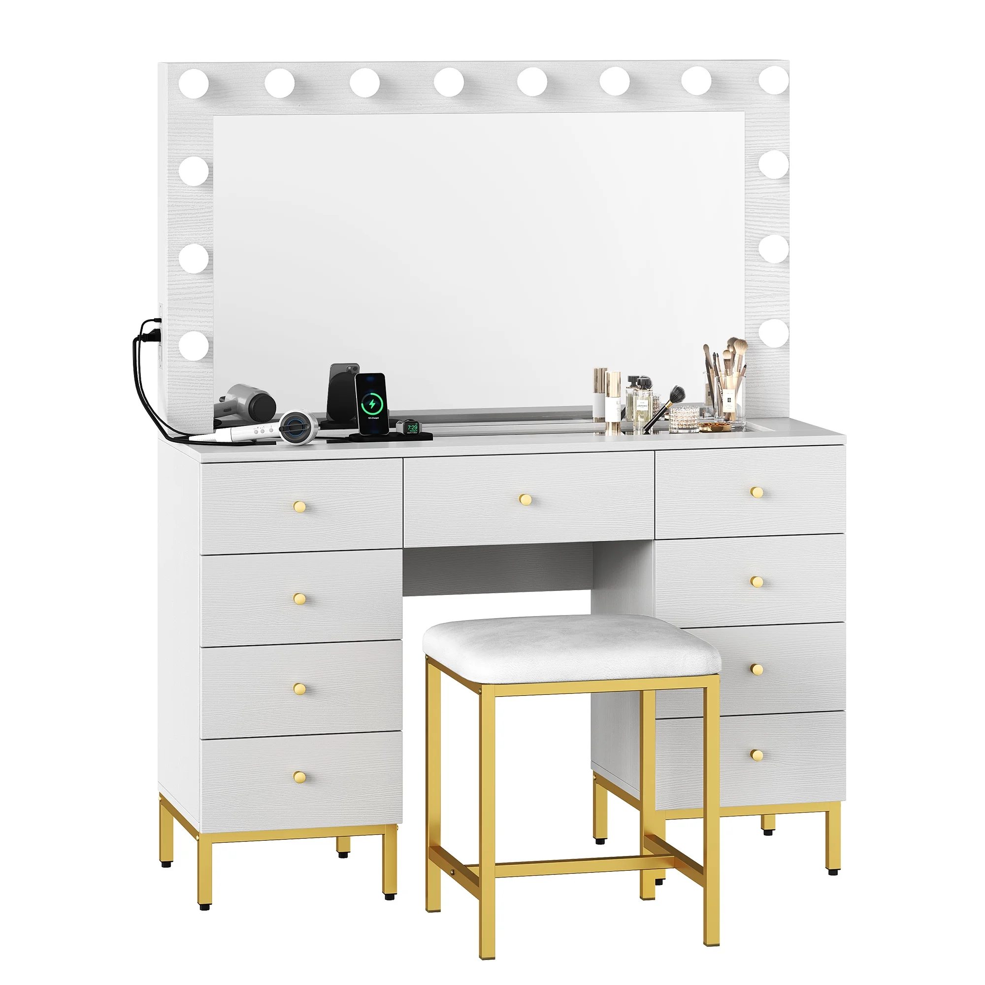 DWVO Vanity Table Set with 3 Color Lighted Mirror & Charging Station & Stool, Modern Makeup Vanity Dressing Table with 9 Drawers for Bedroom, Gold and White Vanity Desk for Women Girls