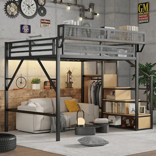 Full Size Loft Bed with Stairs and Storage, Metal Loft Bed Frame with Bedside Shelf and Large Under-Bed Space, Heavy-Duty Bed for Adults Teens and Kids, Black