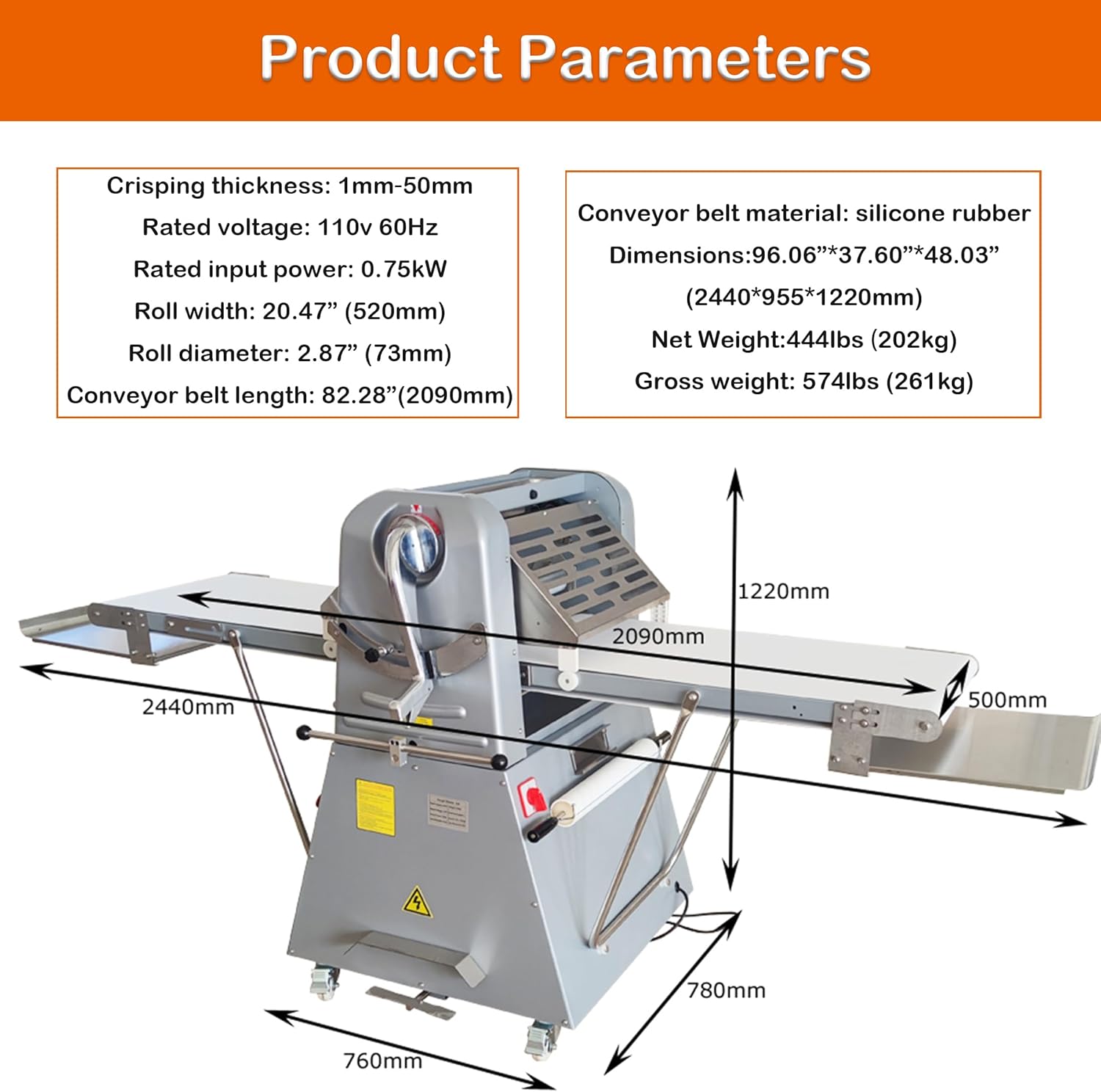 Dough Sheeter Commercial Dough Roller Sheeter Electric Croissant Pastry Sheeter 20"×82" Fondant Reversible Pizza Press Rolling Machine Adjustable Thickness with Foot Pedal 110V