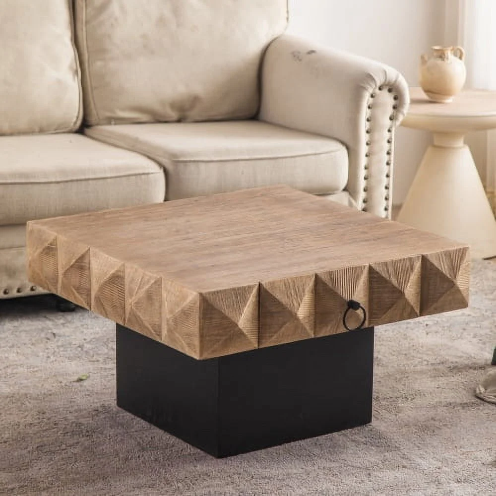 Motent 32.28"Three-dimensional Embossed Pattern Square Retro Coffee Table with 2 Drawers and MDF Base