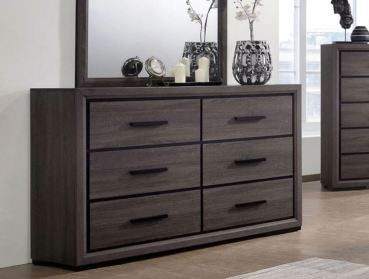 Contemporary 4-pc Queen Size Bed Dresser Mirror Nightstand Bedroom Furniture Grey Paper Veneer