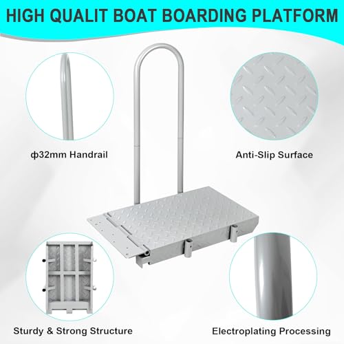 Boat Boarding Platform with Handrail, Dock Extension Step with Safety Grab Bar, Folding Dock Boarding Platform for Marina, Dock, Deck, Boat, Silver