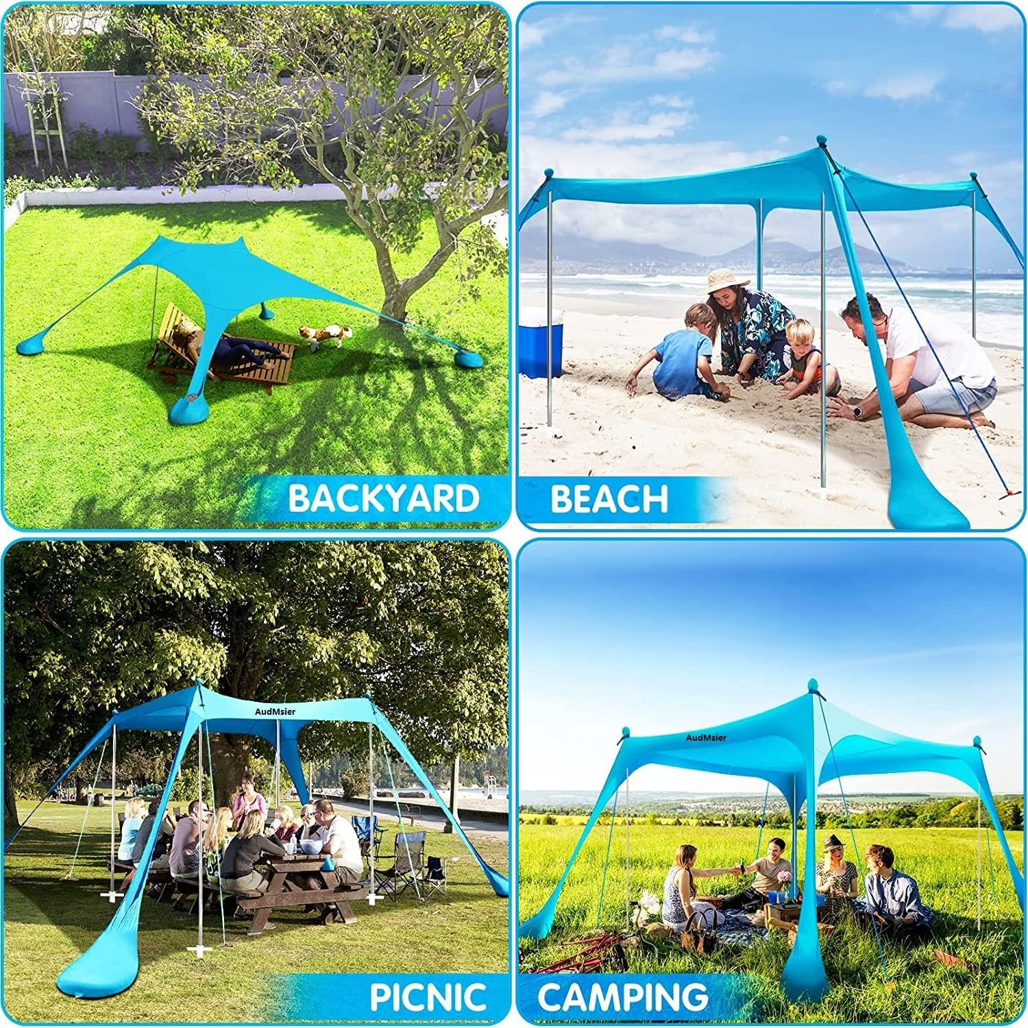 Beach Tent Sun Shade UPF50+ - Pop Up Beach Canopy Sun Shelter with 4 Foldable Stability Poles,Carry Cag, 2 Windbreak Cords,Ground Pegs and 1 Shovel,10&times;10FT in Beach Blanket for Outdoor Family Camping
